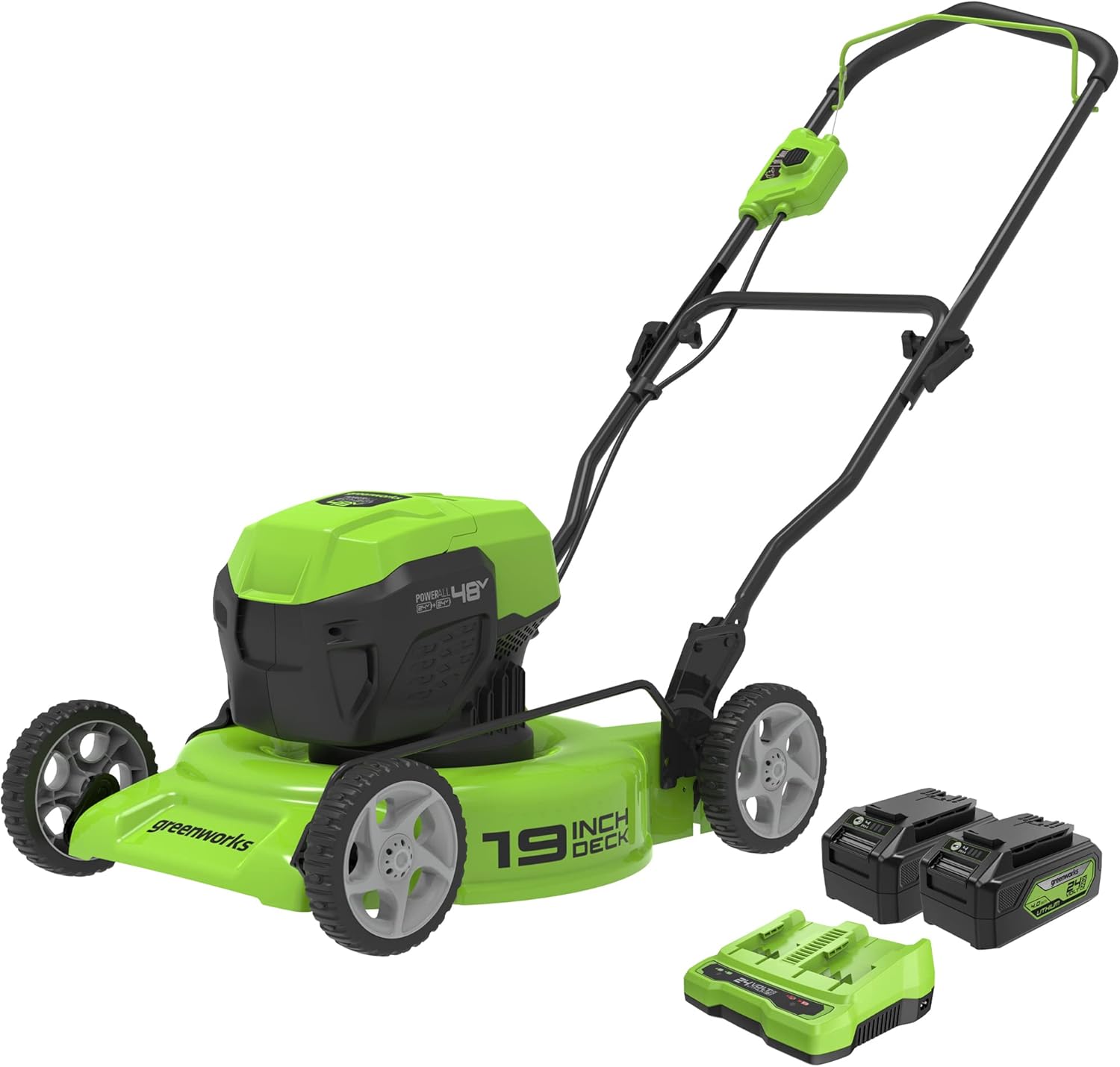 Greenworks 48V (24V x 2) High - Performance Cordless Yard Tool Combo: 21" self propelled lawn mower, 12" Trimmer & Blower, with 3 Batteries & 2 Chargers