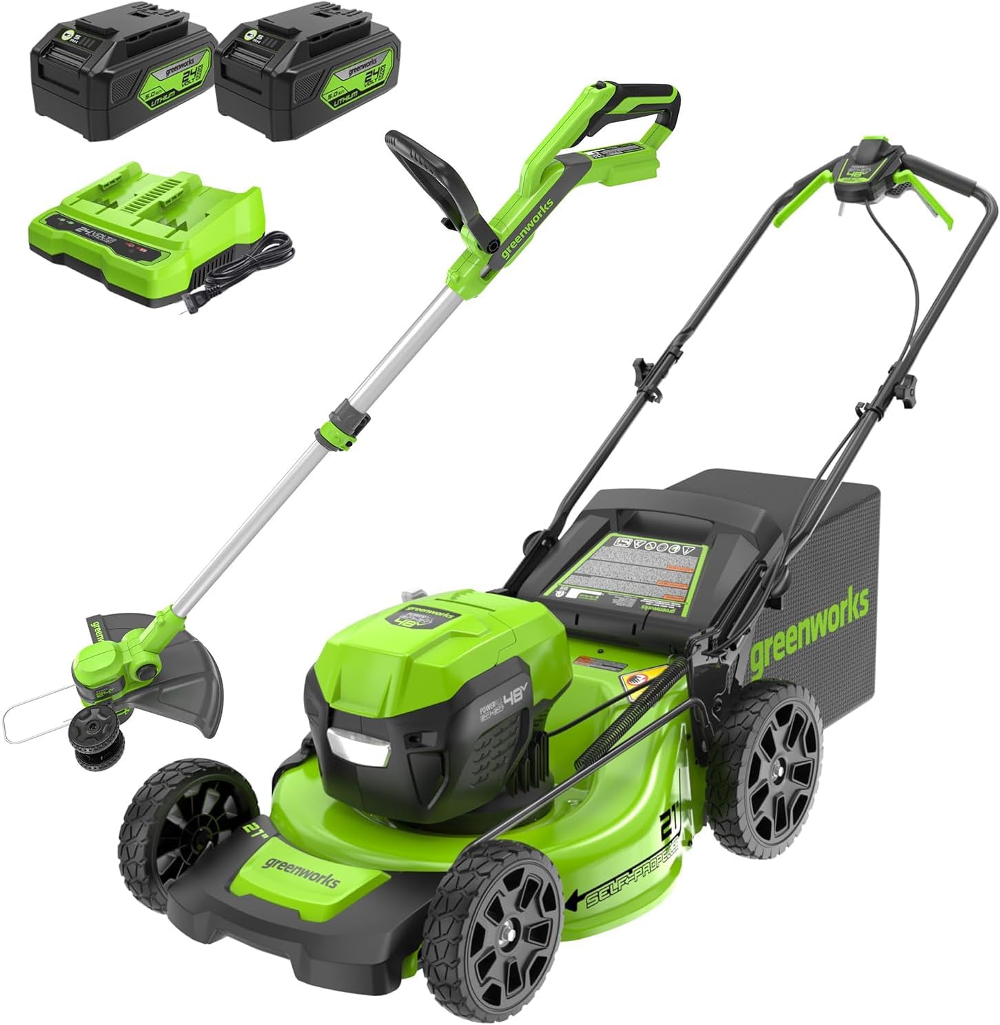 Greenworks 48V (24V x 2) High - Performance Cordless Yard Tool Combo: 21" self propelled lawn mower, 12" Trimmer & Blower, with 3 Batteries & 2 Chargers