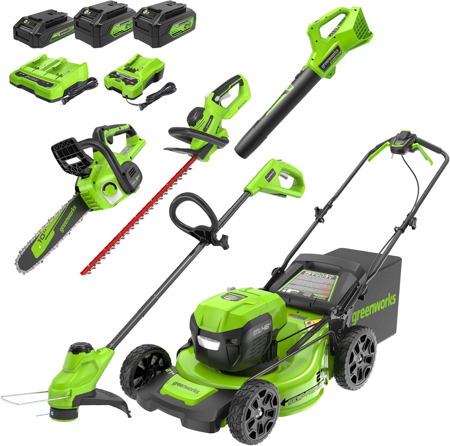 Greenworks 48V (24V x 2) High - Performance Cordless Yard Tool Combo: 21" self propelled lawn mower, 12" Trimmer & Blower, with 3 Batteries & 2 Chargers