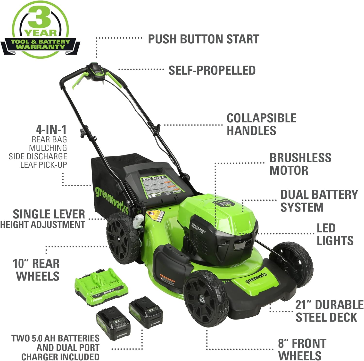 Greenworks 48V (24V x 2) High - Performance Cordless Yard Tool Combo: 21" self propelled lawn mower, 12" Trimmer & Blower, with 3 Batteries & 2 Chargers