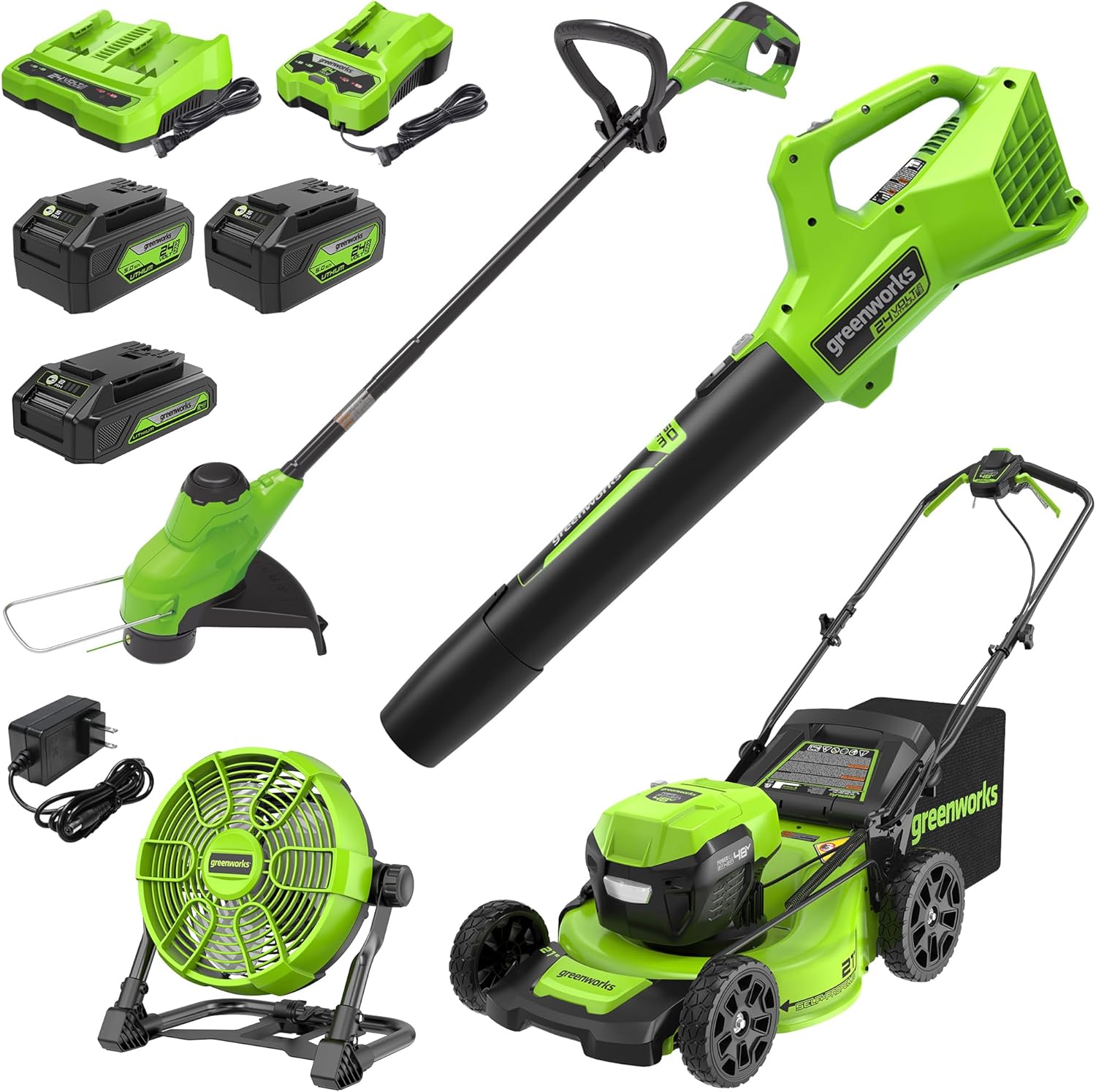 Greenworks 48V (24V x 2) High - Performance Cordless Yard Tool Combo: 21" self propelled lawn mower, 12" Trimmer & Blower, with 3 Batteries & 2 Chargers