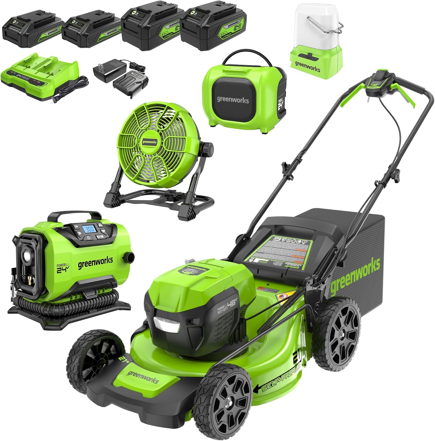 Greenworks 48V (24V x 2) High - Performance Cordless Yard Tool Combo: 21" self propelled lawn mower, 12" Trimmer & Blower, with 3 Batteries & 2 Chargers