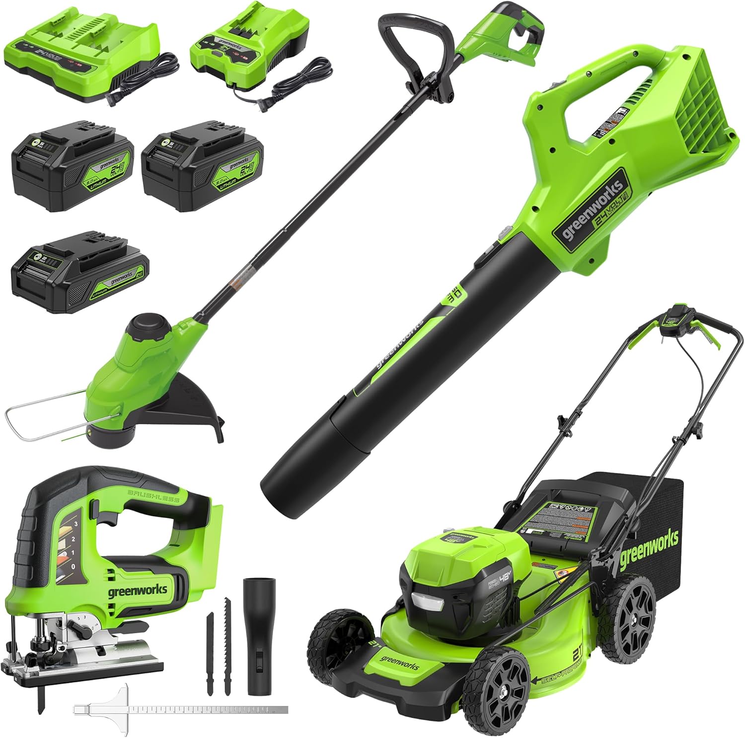 Greenworks 48V (24V x 2) High - Performance Cordless Yard Tool Combo: 21" self propelled lawn mower, 12" Trimmer & Blower, with 3 Batteries & 2 Chargers