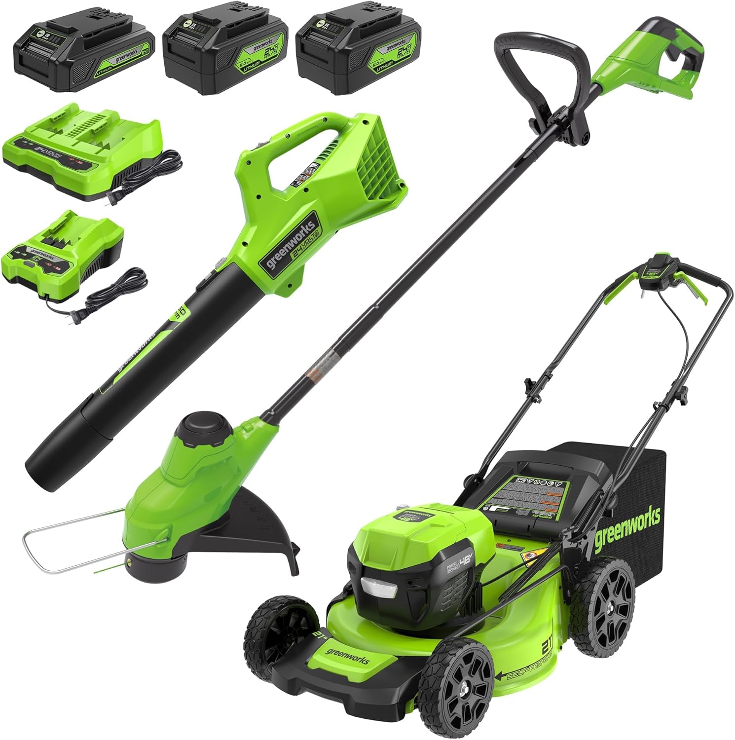 Greenworks 48V (24V x 2) High - Performance Cordless Yard Tool Combo: 21" self propelled lawn mower, 12" Trimmer & Blower, with 3 Batteries & 2 Chargers